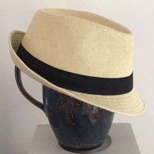 Angel & William woven paper fedora, cream with black grosgrain band. Small